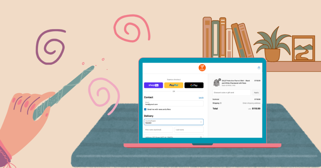The hand with magic wand points at laptop where we see a Shopify Checkout page