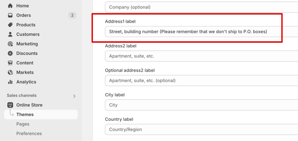 A screenshot of a default theme's content editing where we add custom text to 'Address one label'