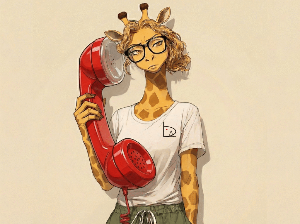 Liza giraffe character with big red telephone receiver
